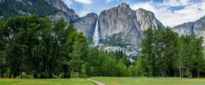 Yosemite Valley with trees and a waterfall on a mountain in the background
